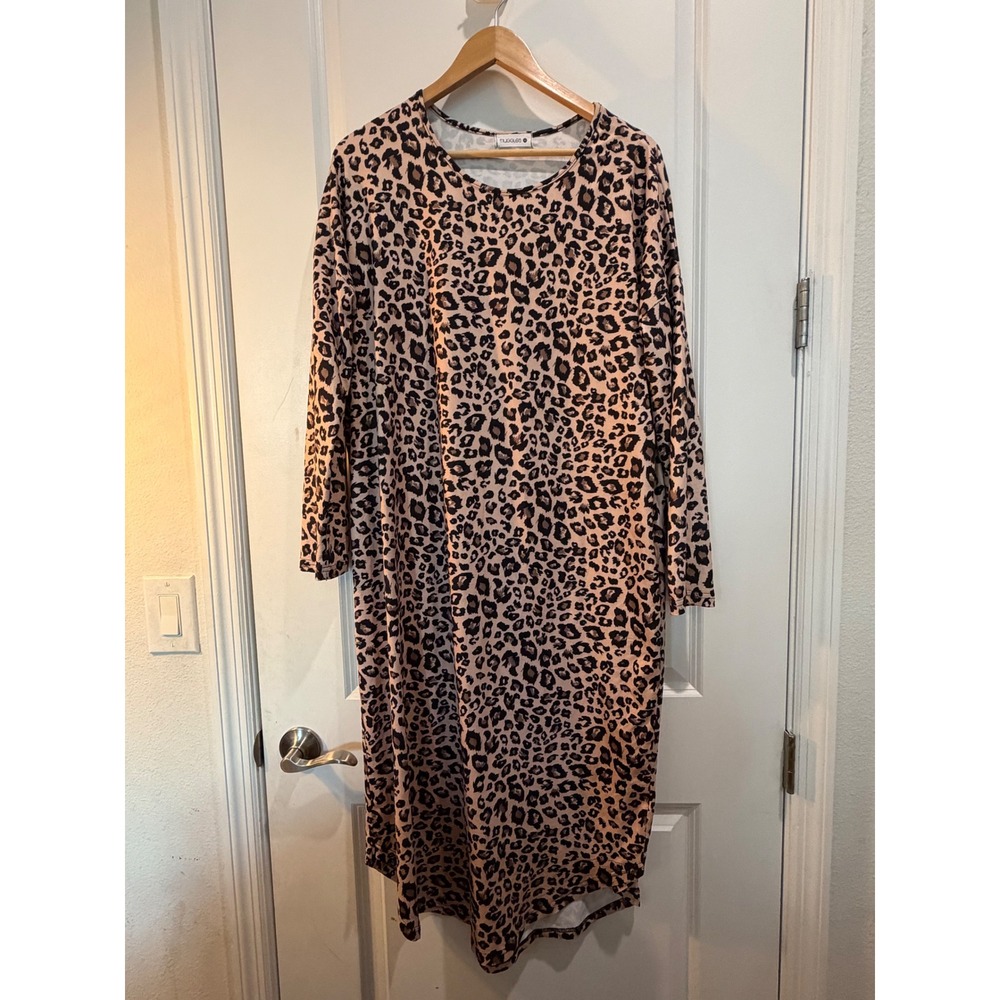 Nuggles Womens XL Leopard Print Long Sleeve Midi Shift Dress Animal Print Brown